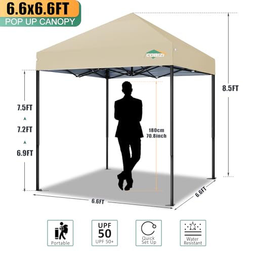COBIZI 6.6x6.6ft Pop Up Canopy Tent, Heavy Duty Canopy Easy Set up All Weather Waterproof Outdoor Canopy Tent for Parties, Beach, Garden, Camping with 1 Handbag, 3 Adjustable Heights, UPF50+, Khaki - color: Khaki, size: 6.6x6.6 Without Sidewalls