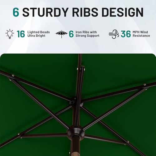 AreShark 6.5' x 10' Rectangular Patio Umbrella with Solar Lights, Solar Powered Lighted Market Umbrella w/Tilt and Crank, Outdoor Table Umbrella for Garden, Deck, Backyard, Pool, Dark Green - color: Dark Green, size: 6.5 X 10 Ft
