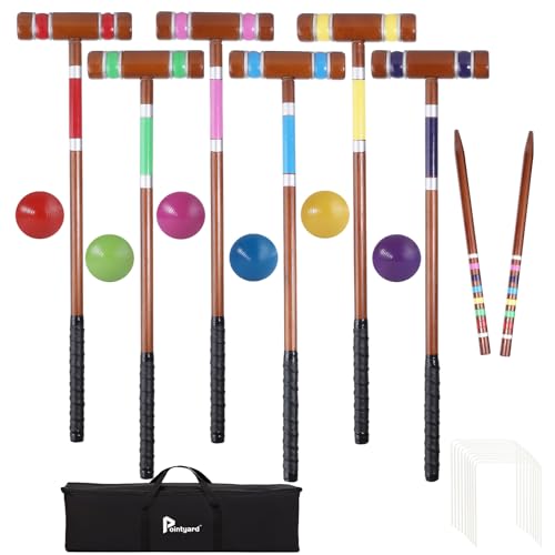 Six Player Croquet Set, 28’’ Croquet Set with Wooden Mallets/Colored Ball/Wickets/Stakes for Adults/Teenager/Family-Perfect for Lawn/Backyard Game/Park (Mahogany Color) - color: Classic Mahogany-with Grip Tape