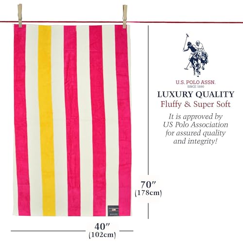 U.S. POLO ASSN. Oversized (40” x 70”) Striped Nautical Design Beach Towel - Luxury Plush Cotton Hotel Quality for Bath, Pool - Cabana Stripe Fuchsia/Yellow - color: Cabana Stripe Fushia/Yellow, size: 40" x 70"
