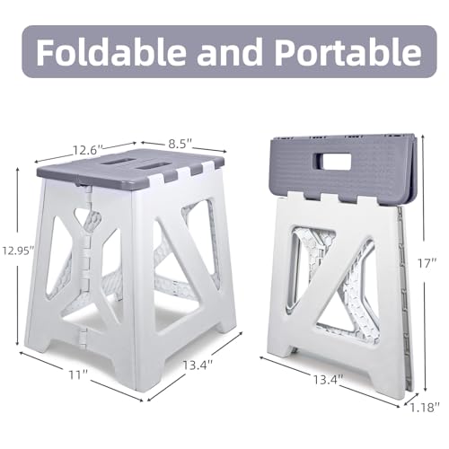 Foldable Step Stool (1 Pack), 12.9” Tall up to 300 lb Sturdy Plastic Folding Step Stool for Adults Kitchen Bathroom, Portable Small Stool Travel Foot Stool, Folding Stool for Home & Outdoor Use Gray - color: Grey
