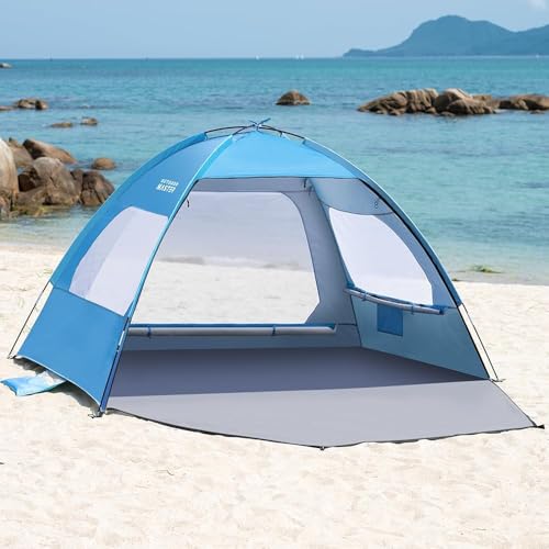 OutdoorMaster Beach Tent for 3/4/6/8 Person - Easy Setup Sun Shade Shelter, Portable Beach Shade Sun Canopy with UPF 50+ UV Protection, Removable Skylight Family Size - color: Blue, size: 6 Person