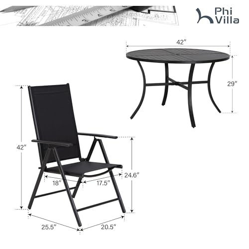 PHI VILLA Outdoor Patio Dining Set for 4, 42 Inch Round Patio Table Set with 4 Adjustable High Back Folding Patio Sling Chairs, Black - color: Black, size: 5 Piece Round