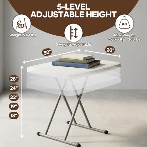 30 Inch Folding Table, 5-Level Height Adjustable TV Tray for Small Spaces, HDPE Tabletop Small Folding Table Portable for Laptop, Dining, Camping, 200 lbs Weight Capacity, No Assembly