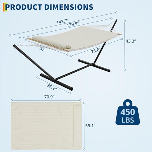 Double Hammock with Stand,450lbs Capacity, 2 Person Cotton Rope Portable Hammock with Polyester Quilted Pad and Pillow,for Garden Yard,Camping and Patio.Off White. - color: Off White