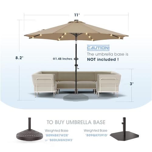 wikiwiki 11ft Solar Led Patio Umbrella, Sturdy Outdoor Market Umbrella for Deck, Pool, Garden w/Tilt, Crank, 32 LED Lights, Tan - color: Tan, size: 11FT