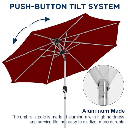 10FT Aluminum Outdoor Patio Umbrella, Fade-Resistant Market Umbrella with Push Button Tilt Function, 8 Sturdy All-Aluminum Ribs for Gardens, Patios, Backyards & Pools - color: Burgundy, size: 10FT-1Tier (Aluminum Umbrella)