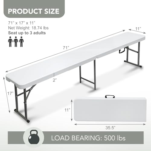 AJP Distributors 6 Foot Portable Plastic Folding Bench 6FT 72" Half Foldable Heavy Duty Seat w/Carry Handle - Indoor Outdoor Backyard Camping Picnic BBQ Party Wedding Dining Office Event Meeting White - color: White, size: 6 Foot - 1 QTY