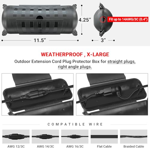 CALPALMY (4-Pack) X-Large Outdoor Extension Cord Plug Protector, Weatherproof Extension Cord Connection Box Safety Cover for Outdoor Holiday String Lights, Plug, Socket and Wires, Black - color: Black, size: X-Large (Standard)