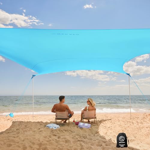 WEKAPO Beach Tent Sun Shelter - Easy Setup Beach Canopy with 4 Sturdy Poles, Large Sandbags and Shovel, 6'7'' Tall, Windproof Sun Shade for Backyard and Camping, UPF 50+ Protection - color: Blue, size: 8x8 FT 4 Pole