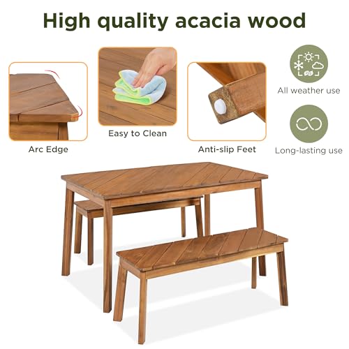3 Pieces Acacia Wood Table with 2 Benches Dining Set Outdoor Indoor Furniture, Picnic Beer for Patio, Porch, Garden, Poolside - Natural