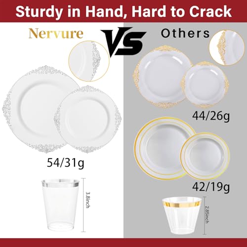Nervure 350PCS Silver Plastic Plates - Silver Plastic Dinnerware Sets for 50 Guests - 100 Disposable Plates, 150 Silverware, 50 Cups, 50 Napkins for Wedding & Party - color: White and Silver