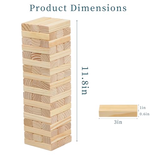 54PCS Classic Block Stacking Board Game Wooden Blocks Stacking Games for Kids and Families Tumbling Tower Blocks Game for Kids and Adults with Storage Bag