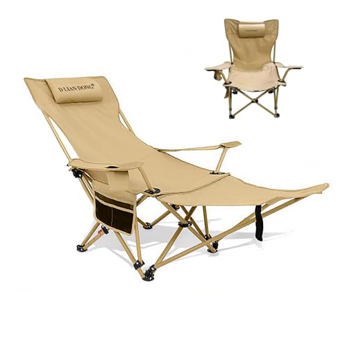 Reclining Camping Chair with Footrest, 4-Position Adjustable Back Folding Lounge Chair for Adult | Heavy-Duty Beach Chairs with Cup Holder & Carry Bag for Beach, Camping, Backyard, Fishing - color: Yellow