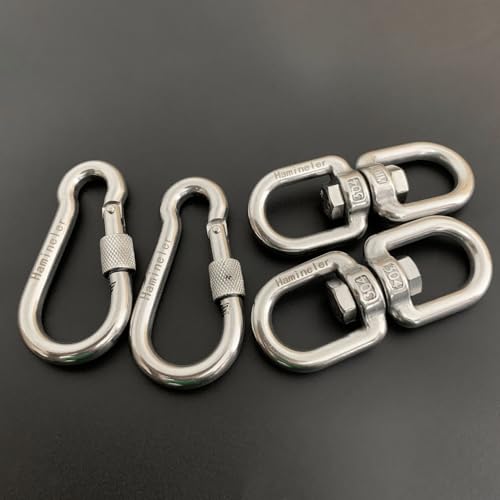 2Pcs M8 304-Stainless Steel Swivel Ring Double Ended Swivel Eye Hook, 2Pcs M8 Spring Hook, for Marine Mooring, Tree Swing, Hammock, Hanging Rotating Device