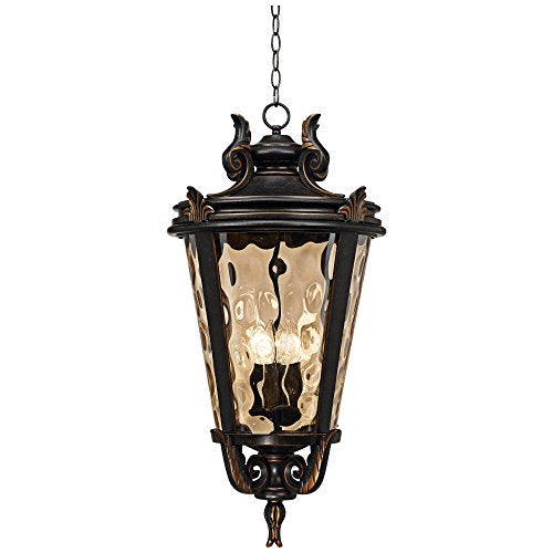 John Timberland Casa Marseille European Outdoor Ceiling Light Hanging Veranda Bronze Brown 30" Champagne Hammered Glass Damp Rated for Exterior House Porch Patio Outside Deck Front Door Home - color: Bronze, size: 30" High