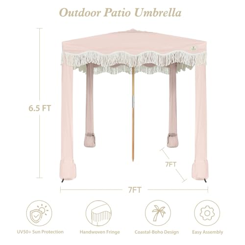 AMMSUN Beach Cabana with Fringe, 7' x 7' Boho Beach Canopy with Tassels, Easy Set up & Premium Wood Pole, Cabana Tent with Sand Pockets, Instant Sun Shade for Sand, Garden, Patio, Pink Coral - color: Pink Coral