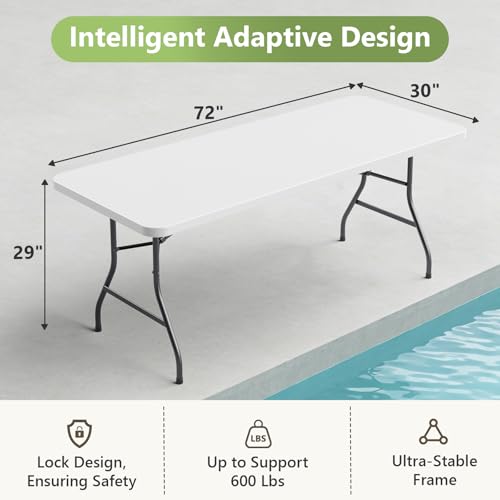 6ft Folding Table, Heavy Duty Plastic Card Table with Foldable Steel Legs, Metal Frame Support up to 600 lb, Portable for Indoor, Outdoor, Picnic, Camping, Dining, Party, White - color: White, size: 6FT