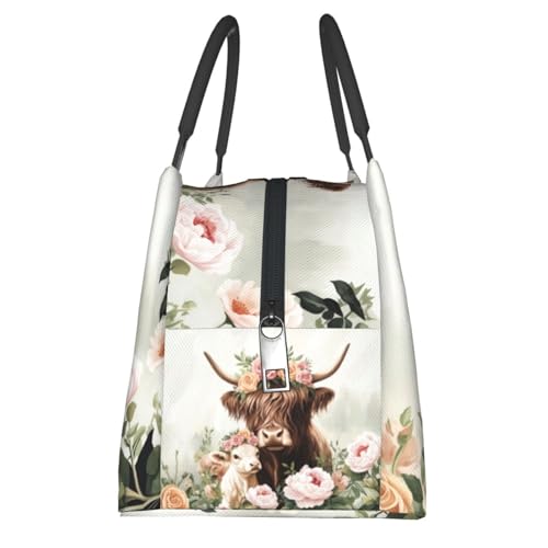 Highland Cow Lunch Box with Floral Farm Animal Pattern for Girls and Adults,Lightweight Handbag with Zipper Closure,Portable Cosmetic Bag for School,Work,Office, Travel and Picnic Gifts - color: Highland Cattle