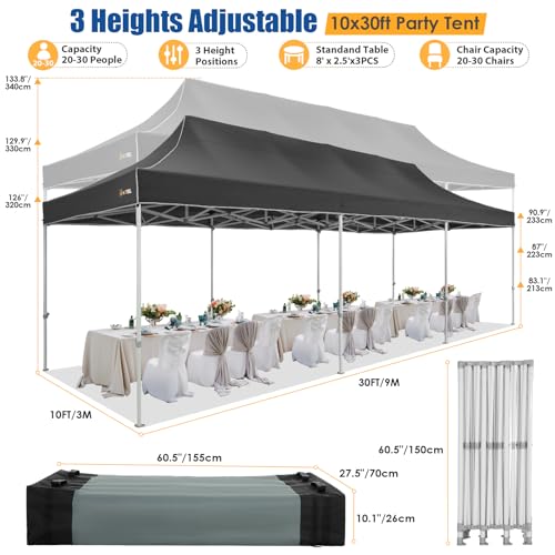HOTEEL 10x30 Heavy Duty Pop up Canopy Tent for Parties with 8 Sidewalls, Easy Setup Outdoor Commercial Instant Gazebo for Wedding Event, with Portable Bag & Sand Bags, Black(Hexagonal Frame) - color: Black, size: 10x30FT (+8 Walls)
