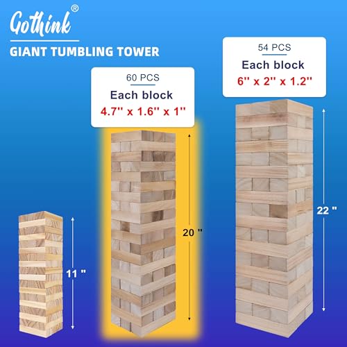 GOTHINK Giant Tumble Tower Game, Large Tumbling Tower Stacking to Over 3.2 FT 60pcs Wooden Jumbo Blocks for Outside Yard Games w/Carry Case Timber Stacking Game Night Toy Gift for Kids Adults Family - size: M-Over 3.2FT