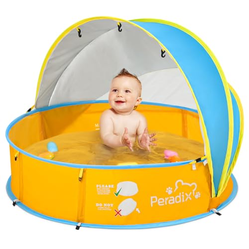 Peradix Baby Beach Tent, Paddling Pool for Kids & Pets with UV Sun Shelter Canopy, Mosquito Net - Portable Pop Up Infant Ball Pit Tent, Toddler Wading Pool, Perfect for Summer Beach Fun - color: Yellow-blue