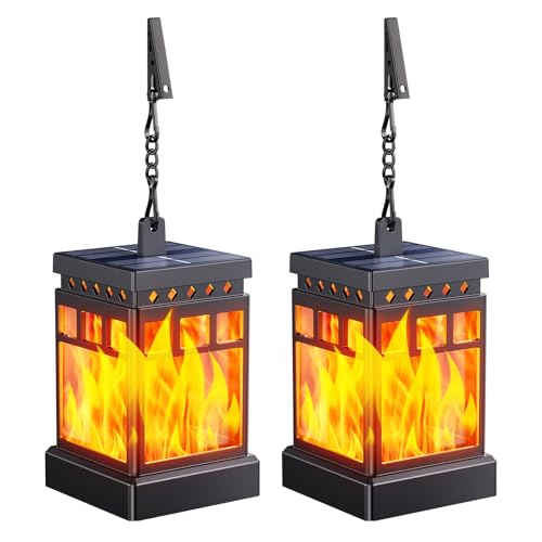 KOOPER Hanging Solar Lanterns Outdoor Waterproof, 2PCS Flickering Flame Hanging Solar Lights for Outside, Outdoor Solar Lanterns up to 12 Hours, Lanterns Decorative for Patio Porch Yard Garden Decor - style: 2 Pack