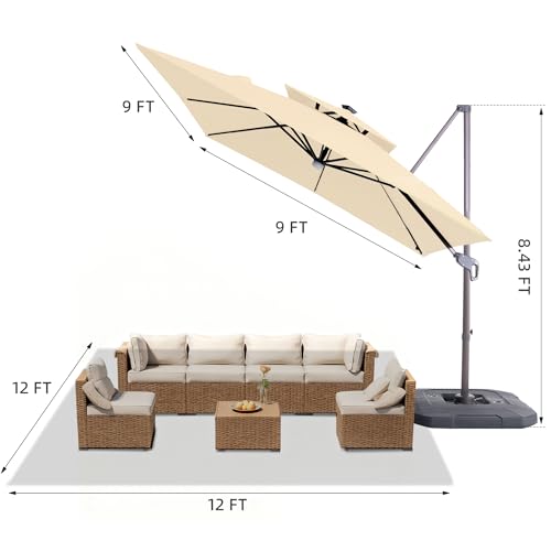 JZAC & QZYD 9x9 FT Outdoor Cantilever Patio Umbrella with Base Included and Solar LED Lights, Large Heavy Duty 2-Tier Square Aluminum Offset Umbrellas with 360-Degree Rotation for Pool Deck, Beige - color: Beige, size: 9'×9' - Weighted Base Included