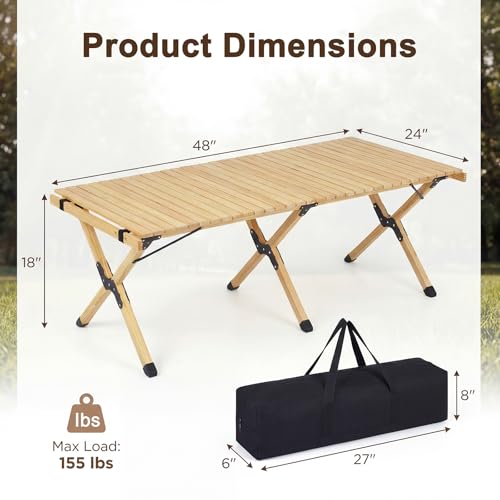 GYMAX 48 Inch Folding Camping Table, Roll-Up Pine Wood Picnic Table with Carry Bag, Portable Lightweight Low Beach Table for BBQ, Party, Backyard Camping