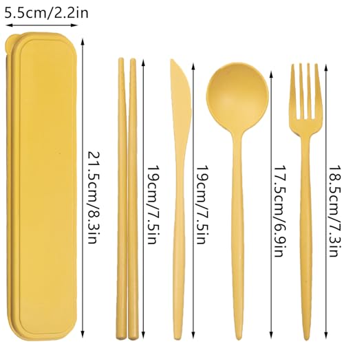 Reusable Travel Utensils Set with Case, Wheat Straw Portable Plastic Fork Spoon Knife Chopsticks Camping Cutlery, Eco-Friendly BPA Free Tableware Picnic Flatware for Kids Adults or Daily Use (Yellow)