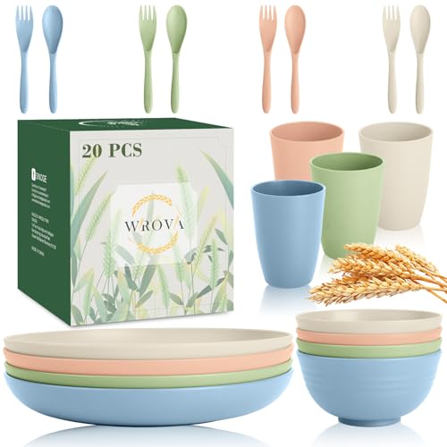 Wrova Wheat Straw Kids Plates and Bowls Sets,Unbreakable Kids Dinnerware sets with Flatwares,Lightweight Reusable Camping Plates and Bowls Sets.Nordic Series - color: Nordic Series, size: 20 Pack