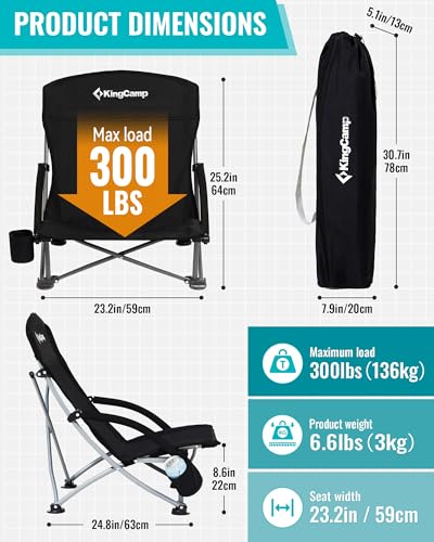 KingCamp Low Beach Chair, High Back Folding Camping Chair for Adults, Oversized Breathable Mesh Seat, 300lbs Heavy Duty Portable Chair with Cup Holder & Storage Pockets for Beach, Outdoor - color: Ergosolid C Black