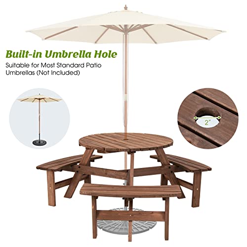 Giantex 6 Person Wooden Picnic Table Set with Wood Bench, with Umbrella Hold Design, Perfect for Outdoor Garden Yard Pub Beer Dining, Dark Brown - size: 67"L×67" W×27.5"