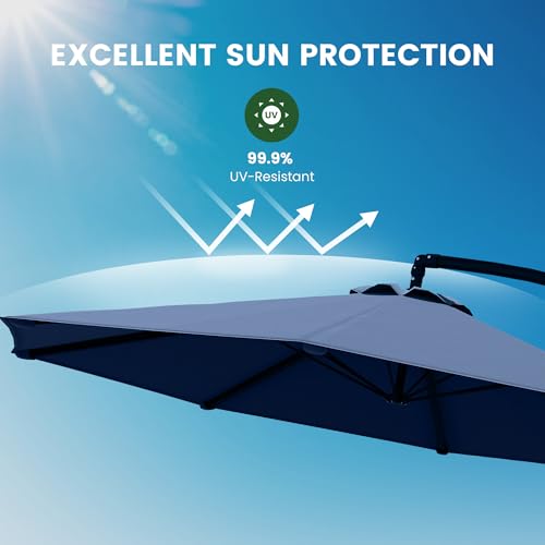 OLILAWN Cantilever Offset Patio Umbrellas, Outdoor 10 feet Large Patio Umbrella with Base Included, Upgraded Yarn-dyed Fabric Shade, Sturdy 8 Rids, 360 Degree Rotation & Easy Tilt Adjustment, for Pool Deck Porch Backyard Garden - color: Sapphire, size: 10