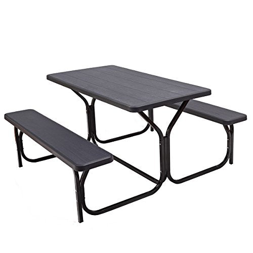 Giantex Picnic Bench Set Outdoor Camping All Weather Metal Base Wood-Like Texture Backyard Poolside Dining Party Garden Lawn Deck Large Picnic Tables for Adult (Black) - color: Black, size: 4.5FT