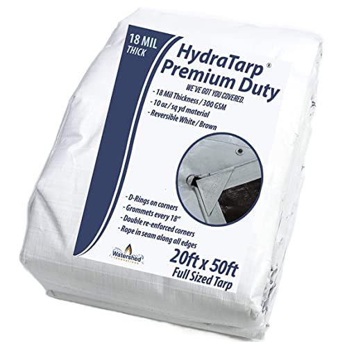Watershed Innovations HydraTarp Premium Heavy-Duty 18 Mil Thick Waterproof White/Brown Reversible Tarp with D-Rings, 20 by 50 Feet - size: 20ft X 50ft