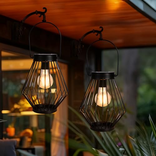 Solar Lanterns Outdoor Waterproof, 2 Pack Metal Decorative Hanging Lantern Lights with Warm White LED Bulb, Solar Powered Patio, Yard & Garden Decor, Ideal for Housewarming & Christmas Gifts