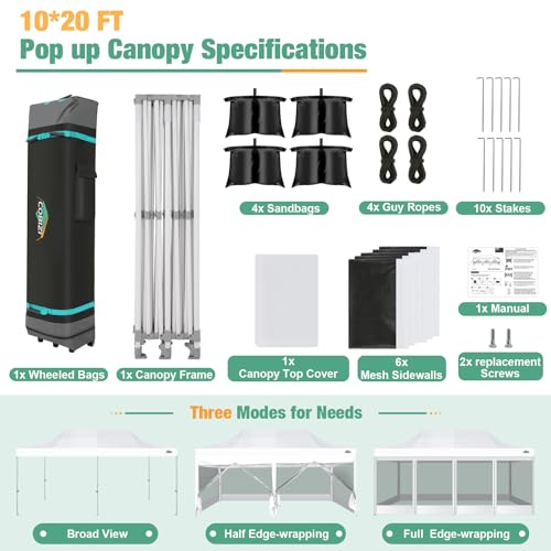 COBIZI 10x20 Canopy Tent, Heavy Duty Pop up Canopy with Sidewalls, Waterproof Easy Setup Tent with Mosquito Netting, Outdoor Instant Screen Tents for Parties, Wedding with Roller Bag, White - color: White, size: 10x20FT