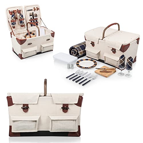 PICNIC TIME Pioneer Deluxe Picnic Basket, Romantic Vintage Wood-Framed Basket Covered in Canvas, Complete Deluxe Service for Two with Water-Resistant Bottom and Two Lids, (Beige Canvas)