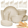 SHECIPIN 42-Piece Wheat Straw Dinnerware Set, Large Round Plates, Bowls and Cups, Unbreakable dish set, Dishwasher and Microwave Safe, Outdoor Dishes (Beige) - color: Beige