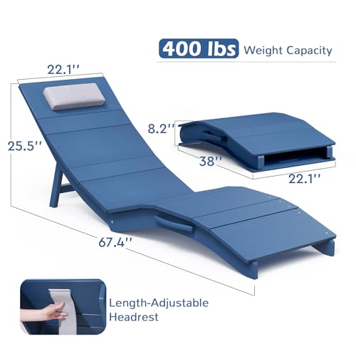 Stoog Folding Pool Lounge Chair, HIPS Outdoor Anti-Floating Recliner with Headrest, Pool Chairs for Hotel, Beach & Sun Decks, Blue - color: Blue
