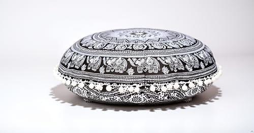 CRAFT KALA 32" Large Round Bohemian Floor Pillow Cover Boho Pouf Cover Mandala Meditation Room Pillows Cover Adults Seating Poufs Cushion Cover for Kids Reading Playroom Black Elephant Flower - color: Black and White Elephant