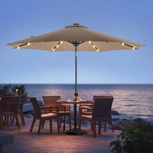 wikiwiki 11ft Solar Led Patio Umbrella, Sturdy Outdoor Market Umbrella for Deck, Pool, Garden w/Tilt, Crank, 32 LED Lights, Tan - color: Tan, size: 11FT
