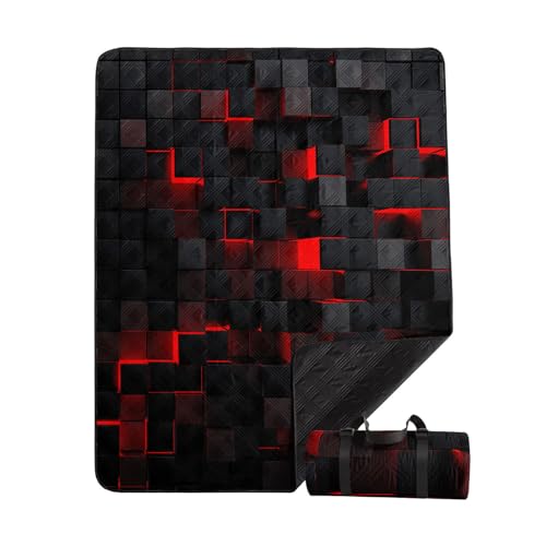 Outdoor Picnic Blanket Portable Ultrasonic Waterproof Picnic Black Red Stereoscopic Square Printed Camping Beach Mat for Sand and Wet Grass Hiking (Black Red Square S - color: Black Red Square, size: Standard - 59"x78"