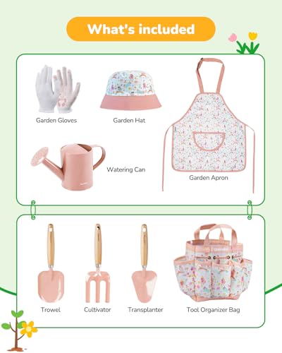 Grenebo Kids Gardening Set Toys, Quality Garden Tool Kit for Kids and Toddlers, Includes Two Shovels, Garden hat,Rake, Apron,Gloves, Watering Can, and Tool Bag (Pink) - color: C-pink
