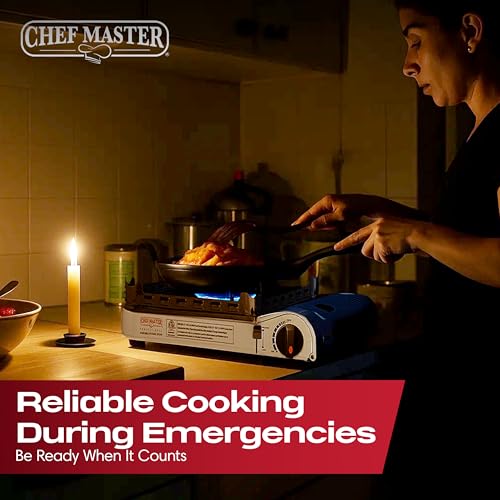Chef Master 15,000 BTU Butane Portable Camp Stove + 4x 8oz Butane Canisters | Double Wind-Guard Portable Stove Burner w/Piezo Ignition for Emergencies, Tailgating, Hiking & Camping Essentials - 90019 - size: Stove&Fuel