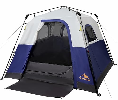 3/4 Person Camping Tent with 1 Door, 4 Windows, and Upgraded Ventilation– Instant Setup, Waterproof, 8'x 8'x 67''Oxford Fabric Floor Pop Up in 60 Seconds Includes Rainfly and Backpack - color: 4 Person Dark Blue/2-Layer