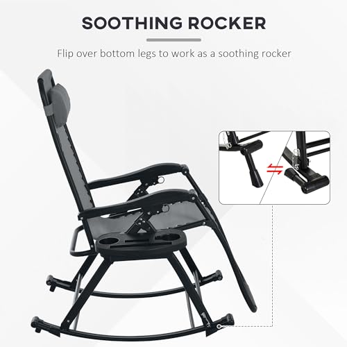 Outsunny Set of 2 Outdoor Rocking Chairs, Foldable Reclining Zero Gravity Lounge Rocker with Pillow, Cup & Phone Holder, Combo Design with Folding Legs, Gray - color: Grey, size: 2 Packs