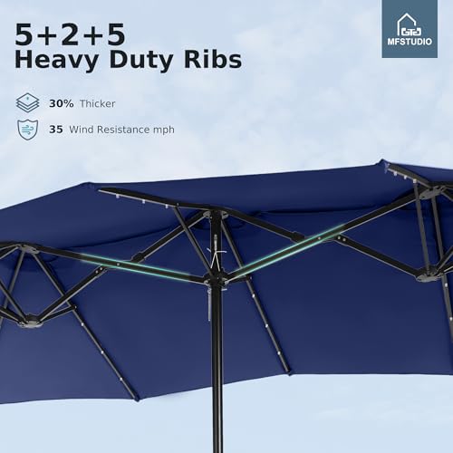 MFSTUDIO 15ft Double Sided Patio Umbrella with Solar Lights, Outdoor Large Umbrellas with Crank Handle and 36 LED Lights, Rectangular Market Umbrella with Base Included for Deck Pool Shade, Navy Blue - color: Navy Blue