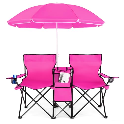 Goplus Double Camping Chair with Umbrella, Folding Loveseat Chairs w/Canopy Shade, Carrying Bag, Table, Cup Holder, Portable Beach Chairs Outdoor Picnic Patio (Pink) - color: Pink